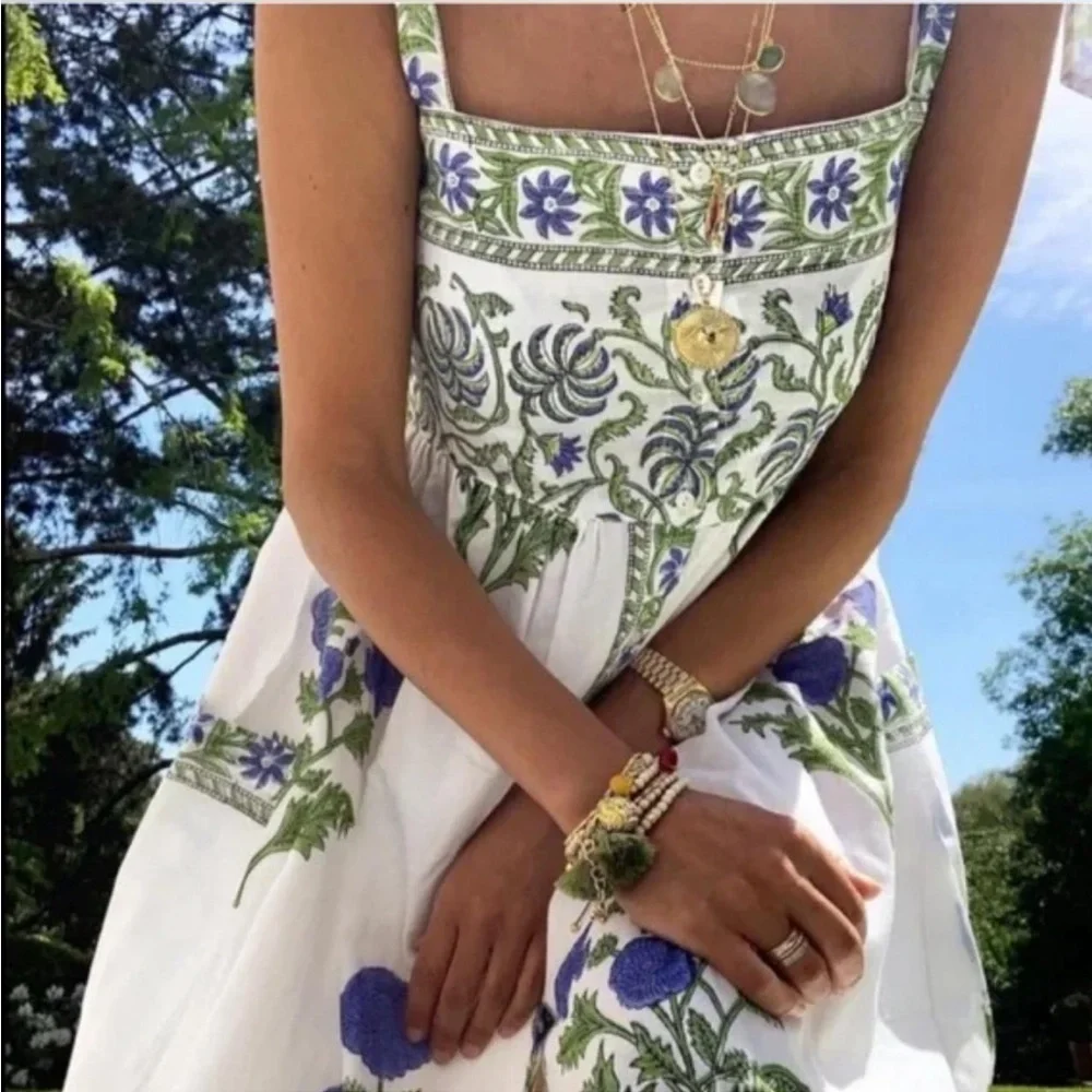Juliet Dunn Tie Shoulder Midi Dress. Blue/White Floral. M. EUC - Picture 2 of 10